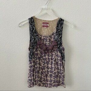 Humming Printed Beaded Lace Tank